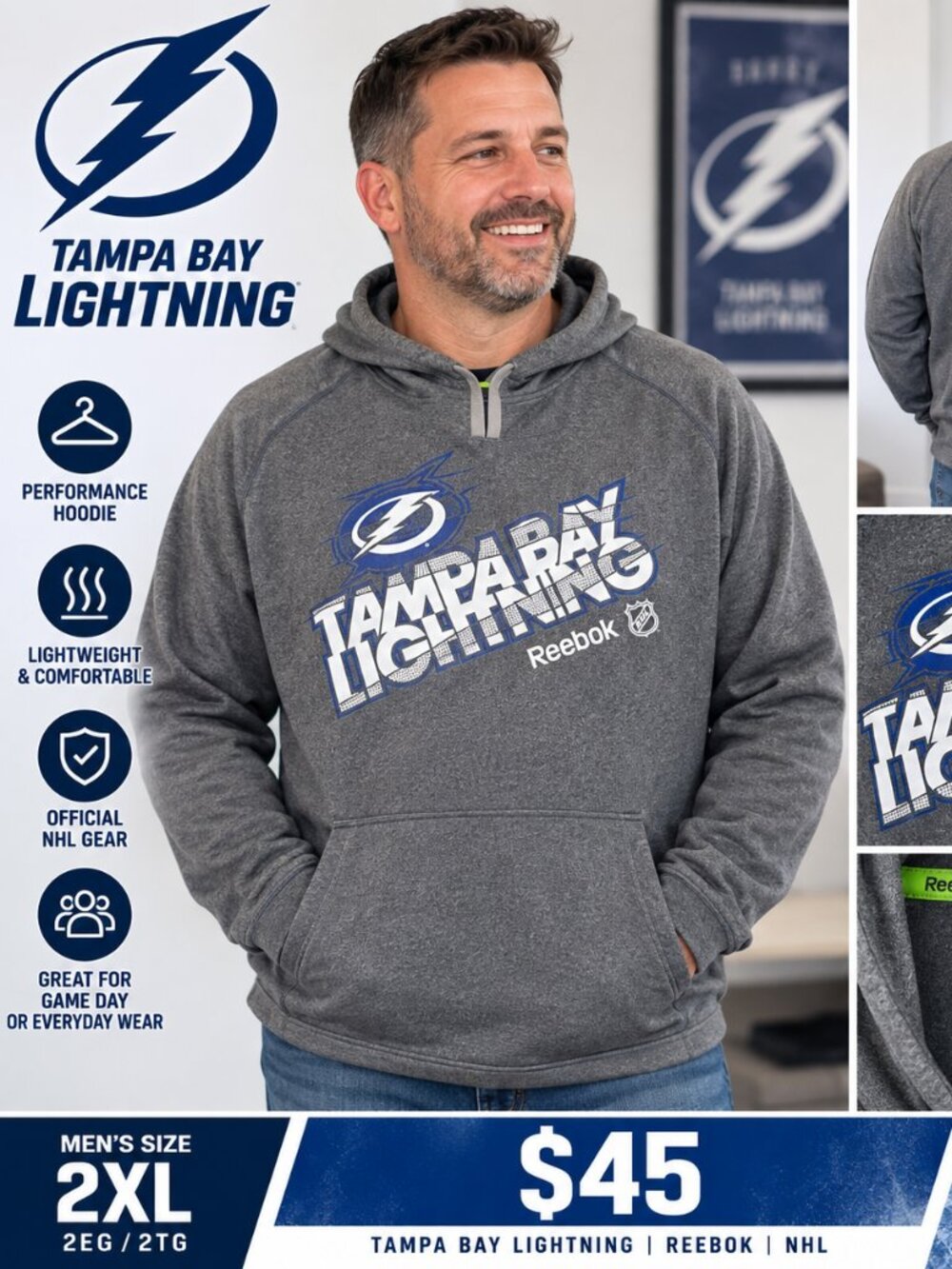 🏒⚡ TAMPA BAY LIGHTNING REEBOK CENTER ICE HOODIE – MEN’S 2XL ⚡🏒